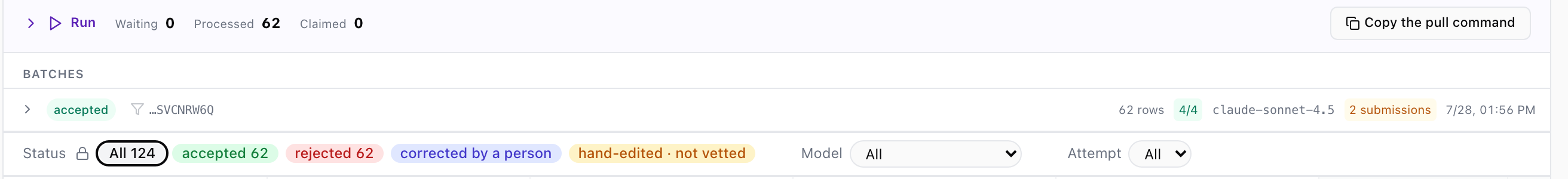 The process table toolbar: Run with Waiting 0, Processed 62, Claimed 0; a batch row reading accepted, batch id ending SVCNRW6Q, 62 rows, 4/4, claude-sonnet-4.5, 2 submissions, 7/28 01:56 PM; and a status filter strip reading All 124, accepted 62, rejected 62, corrected by a person, hand-edited · not vetted.